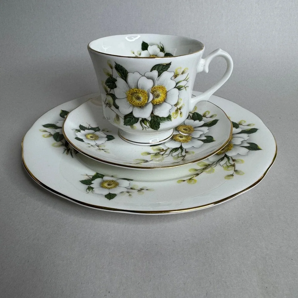 Duchess Bone China England Tea Cup Saucer and Side Plate Trio‎ White Floral Gold